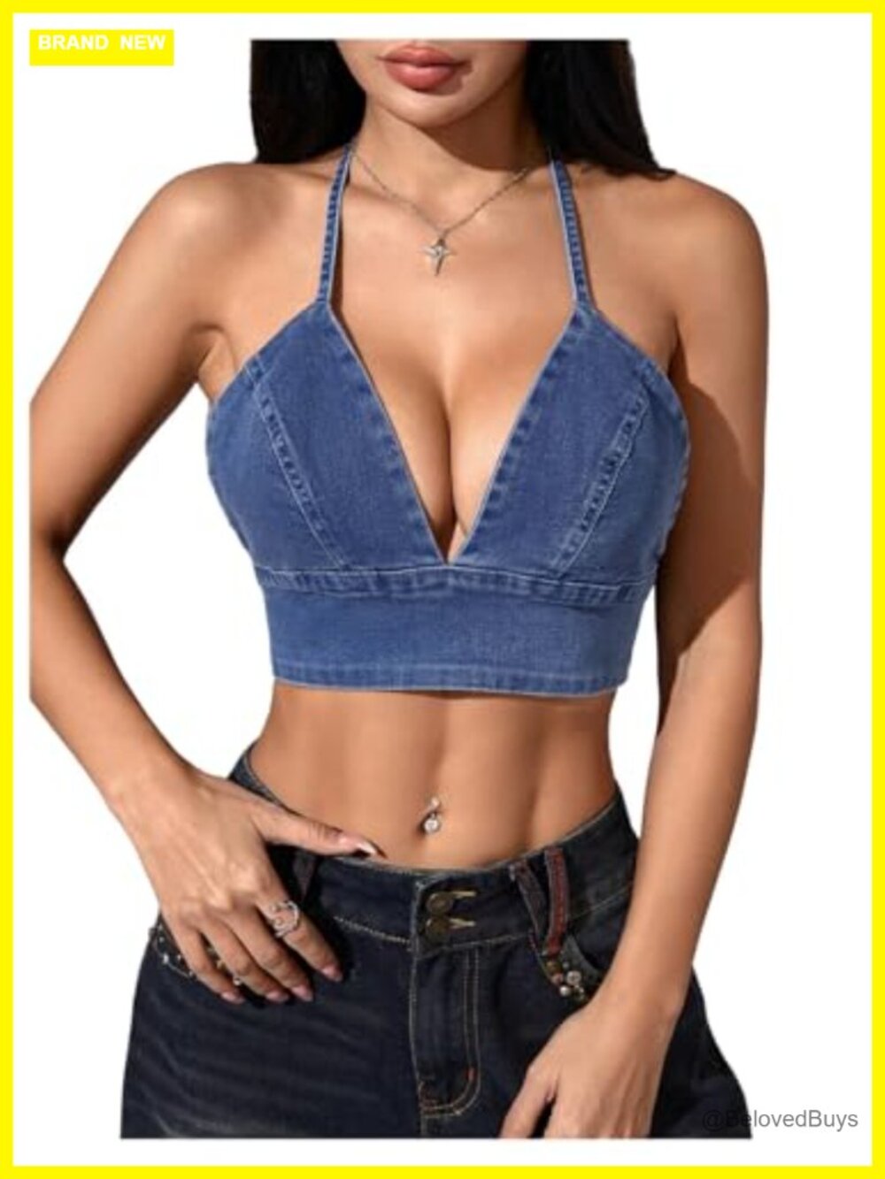 Denim Halter Crop Top Backless Tie Front Sleeveless Summer Jean Top